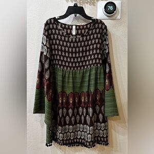 Yahada Bohemian Paisley Motifs, Leafs, Floral  Winged Sleeves Pompom Dress Small